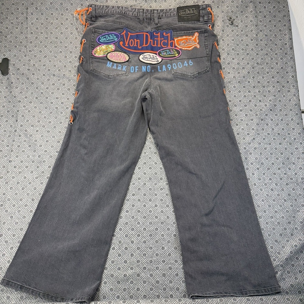 Men's Von Dutch The Reapers Baggy Embroidered Jeans Washed Black Denim Size 36 - Picture 14 of 16
